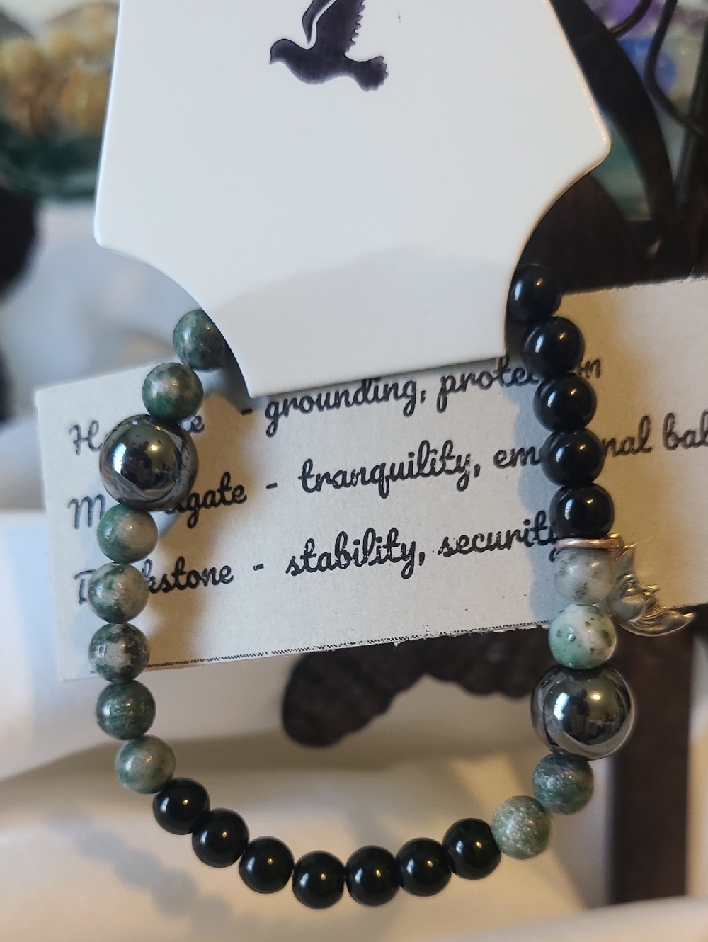 Grey Dove Creations Hematite, Moss Agate Beaded Stretch Bracelet, Moon Charm